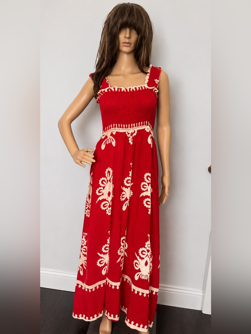 Abstract Maxi Sundress with Smocked Bodice